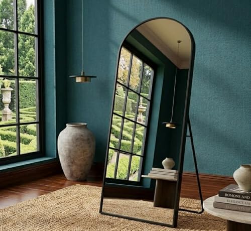 Image of SW.Creation Premium Arched Full Length Floor Mirror with Stand | X-Large Black Metal Frame Full Body Dressing Mirror for Bedroom, Living Room & Home Decor (145 x 46 cm) (X-Large,Black)