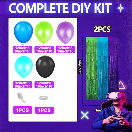 Image of Video Game Balloon Arch Garland Kit Birthday Party Decorations, Purple Blue Green Foil Fringe Curtains Backdrop Tinsel Streamer Photo Booth Props for Gaming Theme Party Decor Supplies Favors