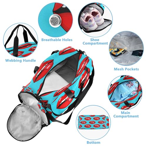 Red Lips Kids Overnight Sports Duffel Bags with Shoe Compartment & Wet Pocket Travel Sport Gym Bag for Girls Boys4