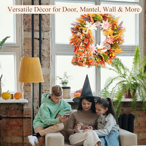 24" Fall Wreaths for Front Door Outside, Autumn Thanksgiving Harvest Wreath with Pumpkins Dahlias Pinecones & Bow Farmhouse Decoration for Porch Wall Indoor