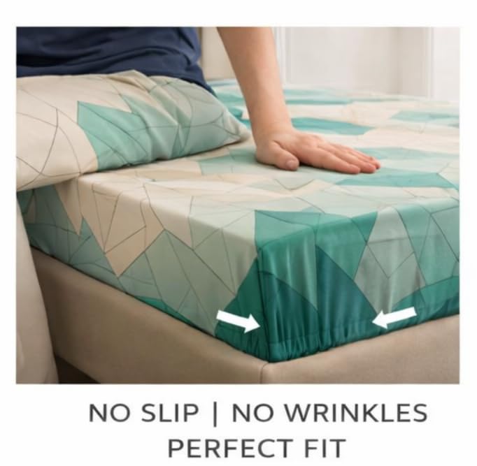 Image of Cotton Elastic Fitted Bedsheets with 2 King Size Pillow Covers Double Bed with All Around Elastic Supersoft Size - 72 King Sizex78+8 inches Color - Teal Ombre