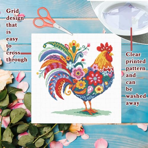 Image of FREEBLOSS 11CT Stamped Cross Stitch Kit for Adults Beginners with Instructions Chicken and Flower Pattern Cross Stitch Kit Embroidery Wall Art Decoration No Frame 17x17in /45x45cm