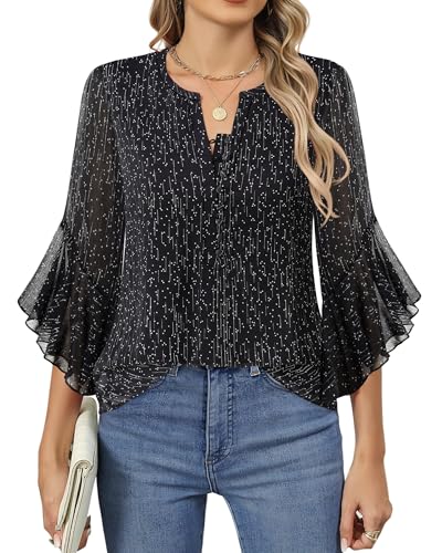 Timeson 3/4 Length Sleeve Womens Tops Dressy Casual Business Work Blouses Chiffon Fall Shirts3