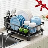 Dish Drying Rack, Stainless Steel-Dish Rack, Dish Racks for Kitchen Counter, Kitchen Dish Drainers with Removable Utensil Holder,New drain outlet,Plate Rack and Drainboard,(Black-11' W x 15' L)