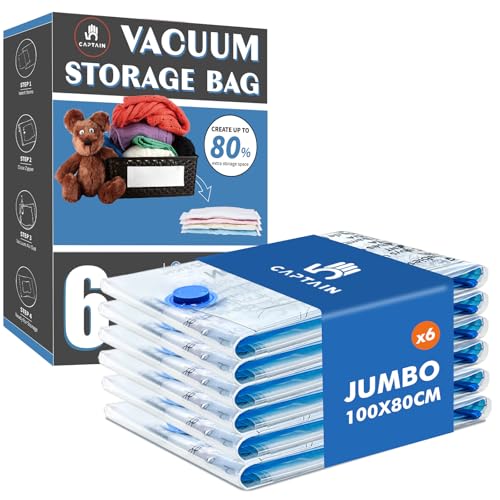 CaptainFive Vakuumbeutel für Bettdecken 6 JUMBO (100 x 80cm), Vakuumierbeutel Kleidung, Vakuum Kleiderbeutel Aufbewahrungsbeutel für Bettwäsche Kissen Kleidung Bettdecken