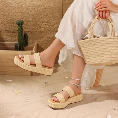 Image of Erocalli Platform Sandals Women Cute Wedge Espadrilles Slip on Summer Beach Raffia Vacation Sandal Comfortable Open Toe Dressy Shoes