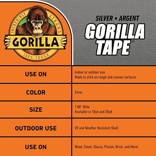 Image of Gorilla Tape, 1.88 in x 30 yd, Silver - Duct, Utility, Triple Layer Strength, Indoor & Outdoor, Weather Resistant Shell (Pack of 6)