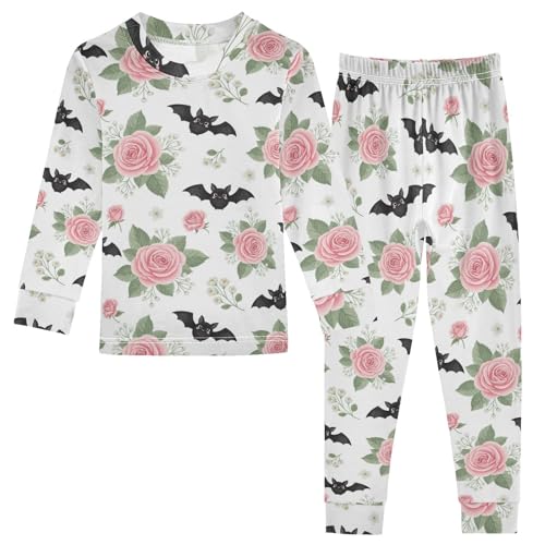 Pajama Sets Long Sleeve Bats Roses Pattern Soft Comfy Sleepwear 2 Piece PJS 3-8T
