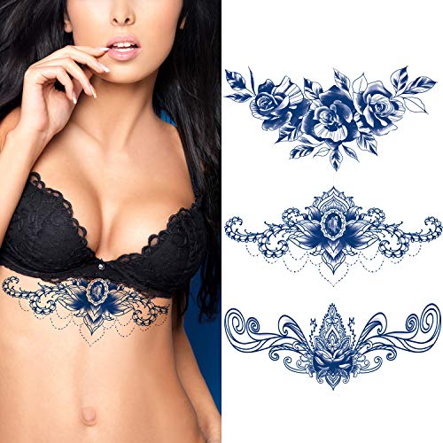 Kotbs 3 Sheets Semi Permanent Chest Temporary Tattoos Flower, Juice Lasting Underboob Tattoo for Women Girls, Waterproof Fake Realistic Chest Tattoos Temp Naturally Plant-Based Ink