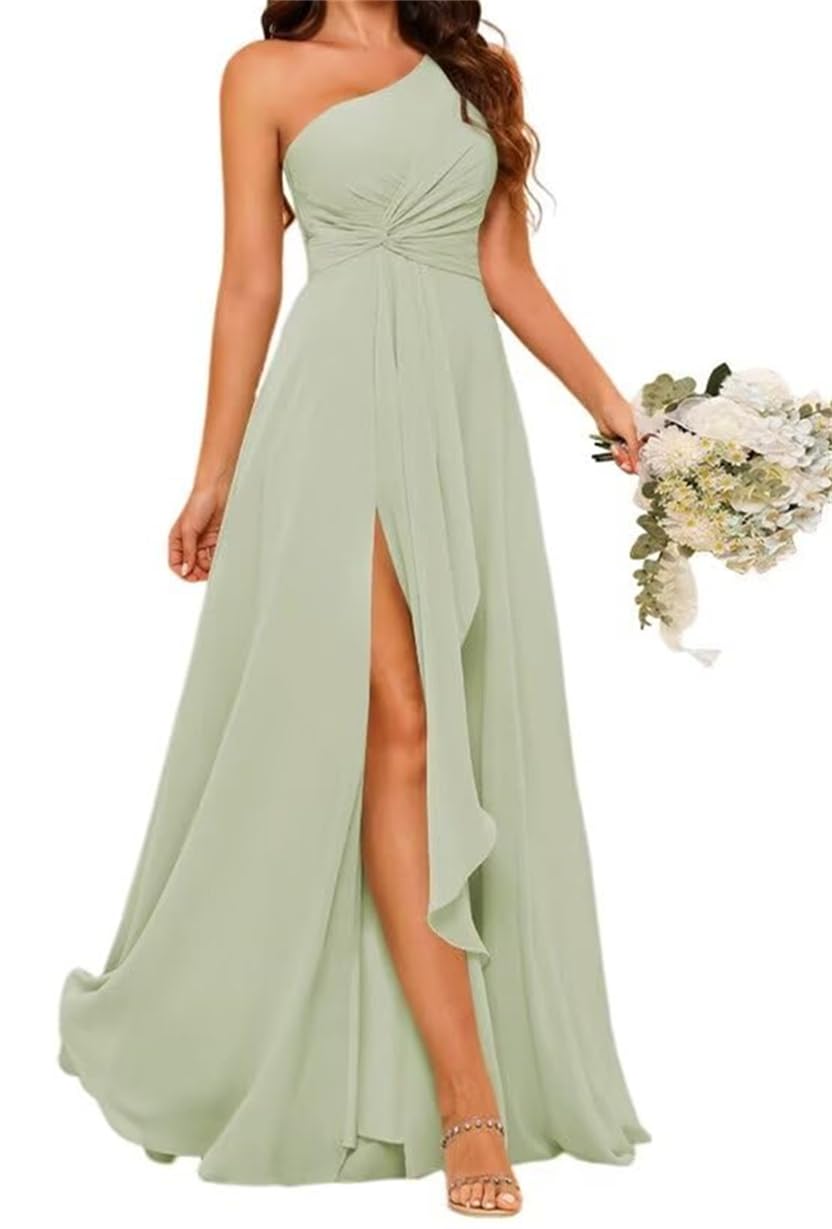 Wseyu Women's Sage Green One Shoulder Princess Bridesmaid Dresses Pleated Prom Dresses Chiffon Formal Evening Party Gown With Slit Uk6