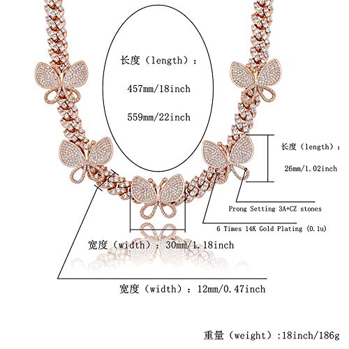 Kmasal Butterfly Charm Cuban Link Chain With Iced Out Hip Hop Chain Copper Inlaid Zircon Chain For Men Women Rapper Chain Jeweiry (Rose Gold 18 Inch) #TOP4