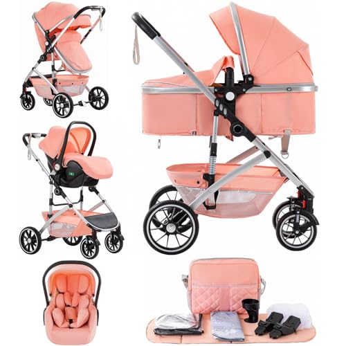 Lnhcrbs Cochecito de Bebé 3 en 1, Cochecito Plegable en Un Clic, Cochecito Alto con Amplio Pram (38.5cm), Modo Pushchair y Silla, Se Puede Bloquear las Ruedas Delanteras, Hasta 22kg, 0-4 Años