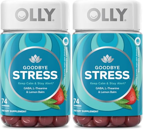 Image of OLLY Goodbye Stress Gummy,GABA,L-Theanine,Lemon Balm,Stress Relief Supplement,Berry -,74 Count (Pack of 2)