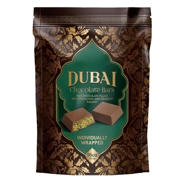 Dubai Chocolate Bars , Indulge in the luxurious taste of Dubai Chocolate Bars, where premium milk chocolate meets the delightful crunch of pistachios. These individually wrapped treats combine smooth, creamy chocolate with the rich, nutty flavor of carefully selected pistachios, creating an irresistible Middle Eastern-inspired confection. Each piece offers the perfect balance of textures and tastes [ 16 oz , 1 lb ]
