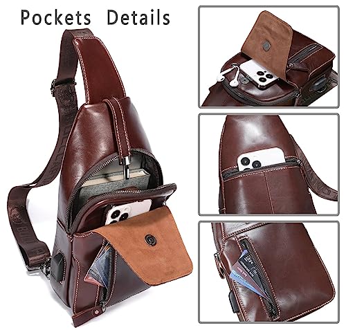Genuine Leather Sling Bag Mens Crossbody Backpack Hiking Casual Daypack Shoulder Chest Bag with USB Charging Port3