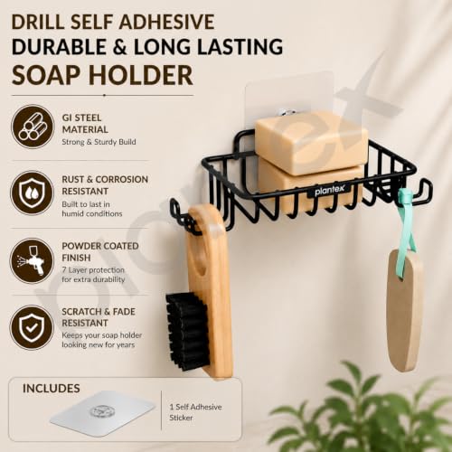 Image of Plantex Self Adhesive GI Stee Soap Holder with Hook for Bathroom /Soap Stand /Wall Mounted Soap Holder Bathroom Accessories - (Black)