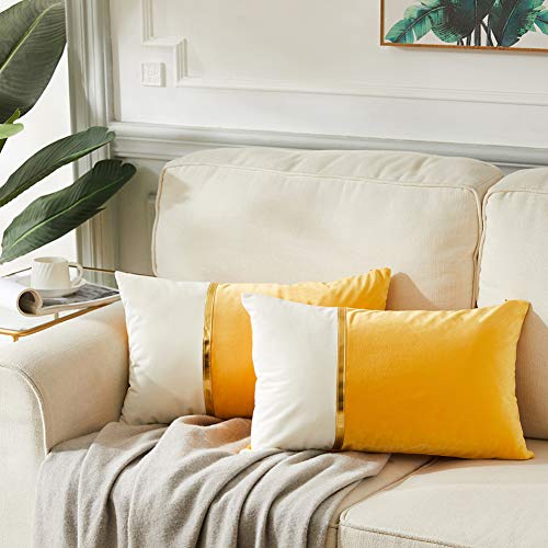 Image of Fancy Homi 2 Packs Decorative Throw Pillow Covers 12x20 Inch for Living Room Couch Bed, Yellow and White Velvet Patchwork with Gold Leather, Luxury Modern Home Decor, Lumbar Cushion Case 30x50 cm