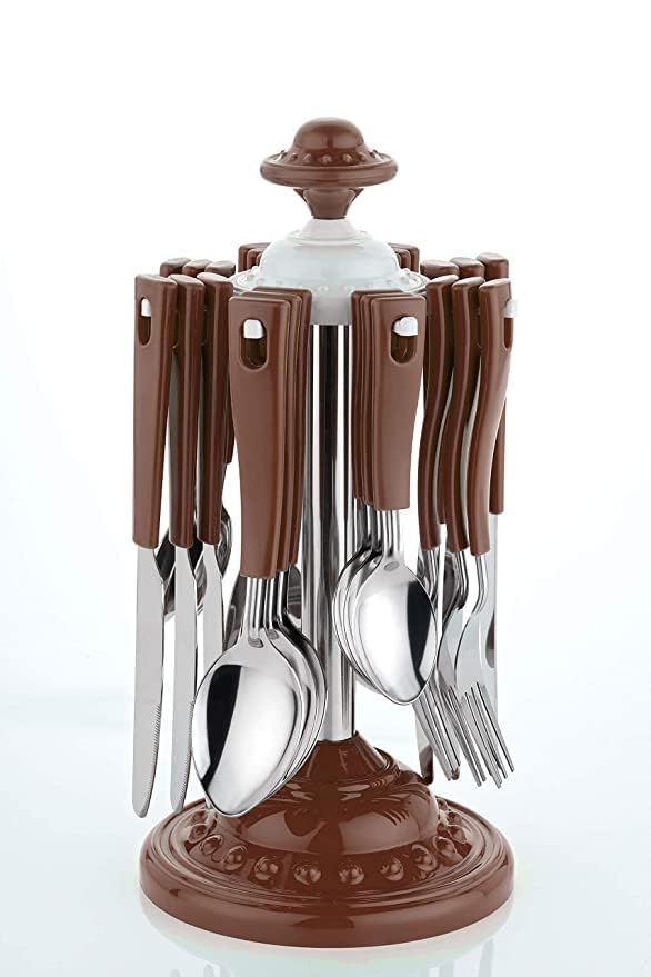 Antusias Cutlery Set Super Stainless Steel 24 Pieces Brown Cutlery Set with Stand Holder for Spoon and Fork - Brown (Super Set)