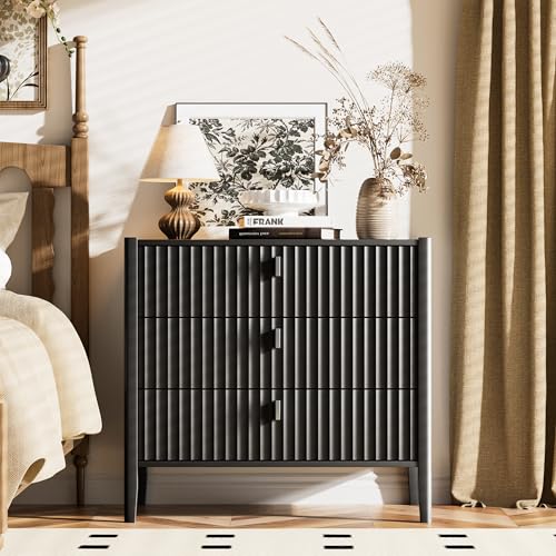 Image of Furniway Nightstand Set of 2, Modern End Table with Solid Wood Legs, Bedside Table with 3 Drawers and Metal Handles for Bedroom, Black