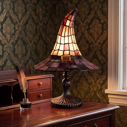Stained Glass Witch Hat Lamp Halloween Handcrafted Retro Resin Witch Lamp USB Powered Gothic Wizard Hats Night Light Halloween Home Decor & Accent Lamps for Bedroom & Bookshelf