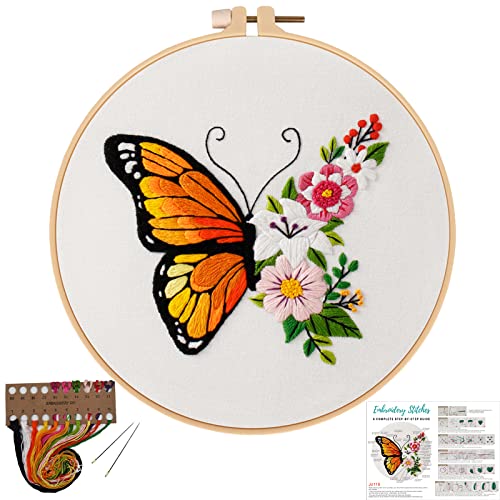 Image of Louise Maelys Butterfly Flower Embroidery Kits Stamped Cross Stitch Kit for Adults Beginners Needle