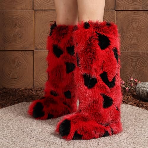 Women Faux Fur Furry Boot Fluffy Knee High Snow Boots Round Toe Suede Comfy Warm Fuzzy Flat Long Shoes Winter For Girl2
