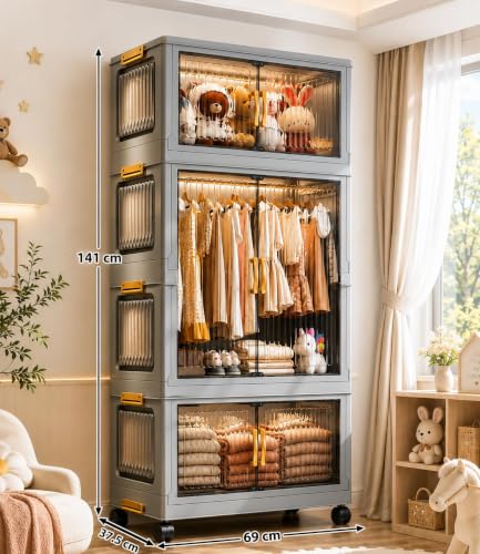 Image of Plastic Wardrobe for Cloths | 3 Layer Stackable Almirah with Hanging Rod, Transparent Doors, Wheels | Foldable Storage Cabinet Organizer for Clothes /Books /Toys