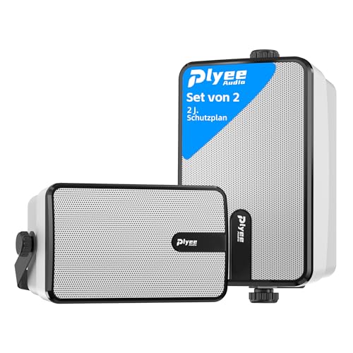 Plyee Audio 250W Outdoor Bluetooth-Lautsprecher, Drahtlose Synchronisation zwischen Lautsprechern, Wandmontage für Terrasse, Veranda, Pavillon, Garage, 2er-Pack(MZ-632)