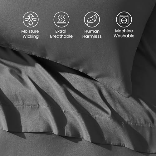 SLEEP ZONE Nanotex Super Soft Cooling King Bed Sheets Set 4 Piece - Easy Care Fitted Flat Sheet & Pillowcase Sets - Wrinkle Free, Fade Resistant, Deep Pocket 16" (Gray, King)