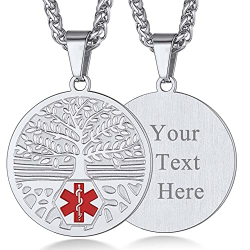Custom4U Medical Alert Necklace for Women Men Personalized Stainless steel Medical ID Tag Pendant with Free Engraving