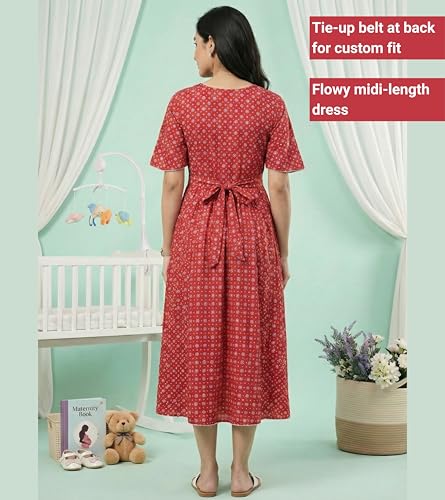 Image of DUMMY SHAPE Maternity Dresses for Women Cotton | Floral Anarkali Flare Kurta with Dual Nursing Zippers | Pre & Post Pregnancy | Feeding Kurtis | Baby Shower | Mom to Be Gifts for Pregnant Women
