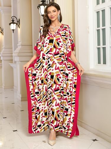Image of KECVOT Kaftan Dresses for Women V-Neck Print Swimsuit Cover Up Plus Size Beach Caftan Lounge Dress