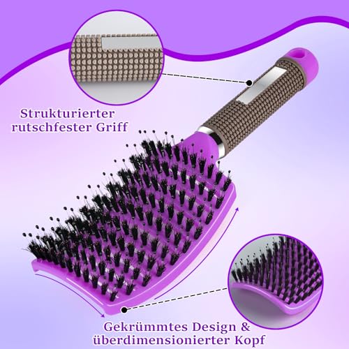 Haarbürste ohne Ziepen, Extensions Bürste mit Aufhängeloch Damen, Haarbürste Wildschweinborsten für trockenes/nasses/lockiges/glattes Haare, Lila