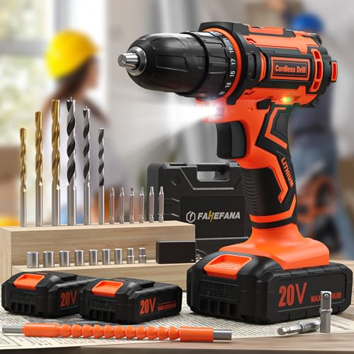 FAHEFANA Cordless Drill, 20V Drill Set, 2 Batteries 2000mAh, Electric Screwdriver, 42Nm Electric Power Drill Driver, 25+1 Torque, 2 Speed, LED Light, 24 Accessories, Battery Combi drill for Home & DIY