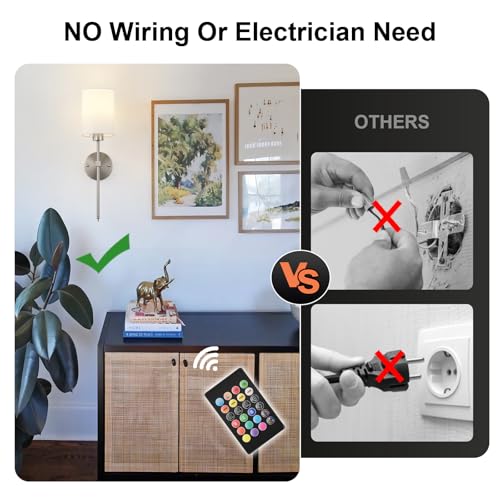 Image of Battery Operated Wall Sconces Set of Two,Wireless Rechargeable Wall Light With Remote Control, Dimmable, Amber Light /Warm White /Natural White /Daylight /RGB,Timer,for Living Room,Bedroom,Entryway,Nickel