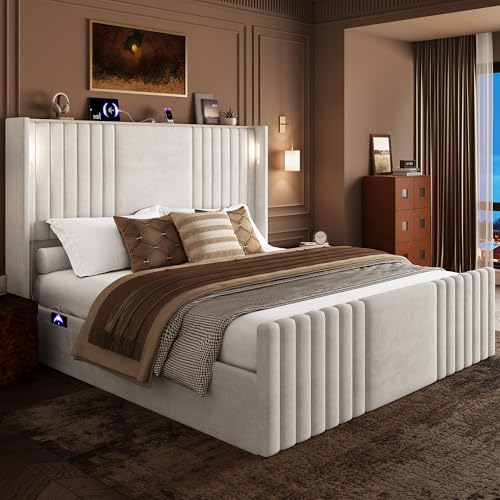 Image of King Size Bed Frame with 55.1 inch Tall Headboard, Velvet Upholstered Platform Bed with Channel Tufted Wingback, 2 Reading Lights /Storage Shelf /Charging Station /Easy Assembly /Noise-Free, Cream