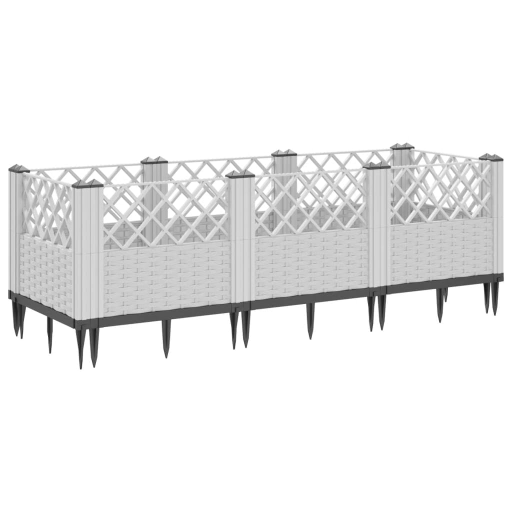 Jardinera con estacas, color blanco, 123,5 x 43,5 x 43,5 cm, bancal modular en aspecto de ratán, de plástico resistente, para jardín, terraza y balcón, 8 elementos