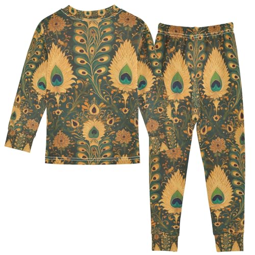 senya Peacock Feather Gold Pajamas Set Long Sleeve Soft Cotton Sleepwear 2 Piece2