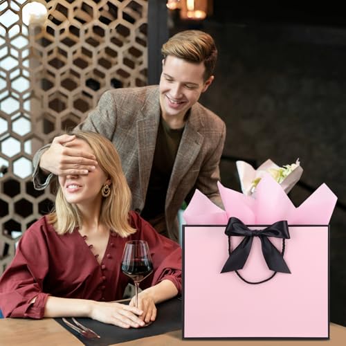 10 Pcs Black Pink Gift Bags Medium with 10 Tissue Paper Handles Bow Ribbon Multipack Presents Paper Gift bags for Wedding Baby Shower Bridesmaid Party - Image 3