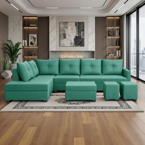 Image of Wood 8 Seater Sofa Set with Ottoman & Stools | Velvet Fabric Upholstery | Modern L Shape Wooden Frame Couch for Living Room, Home & Office (Green)