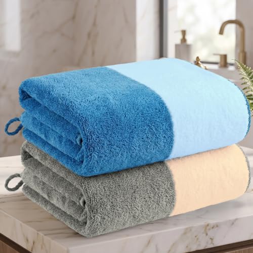 Image of Story@Home 500 GSM Microfiber Towels for Bath Large Size | Towel Set of 2 |Super Soft Color Blocked Bath Towels | 70 x 140 cm | Blue & Light Grey | Skin & Hair Friendly Bath Towels for Men, Women