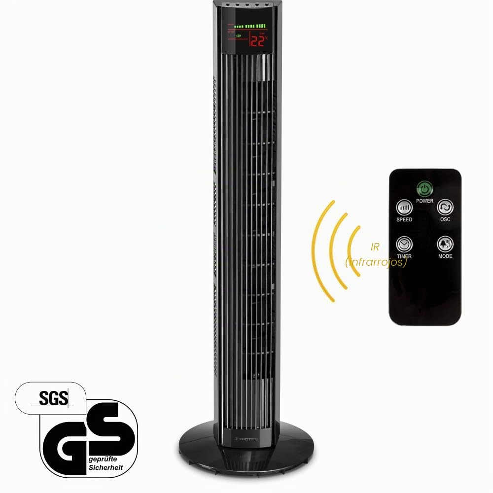 TROTEC Ventilador de Torre TVE 31 T, 45 W, Pantalla LED, Mando a Distancia, 3 Velocidades de Ventilación, Oscilación Automática de 60°, Base de Apoyo Estable y Antideslizante, Temporizador