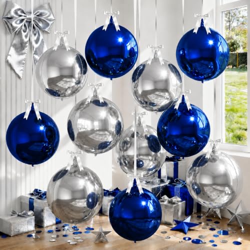 Image of 9 Pcs Blue Silver Round Foil Balloons Dark Navy Blue Metallic Silver Chrome 4D Ball Balloons 22 In Orbz Mylar Balloon for Graduation Grad Birthday Wedding Anniversary Disco Party Decorations