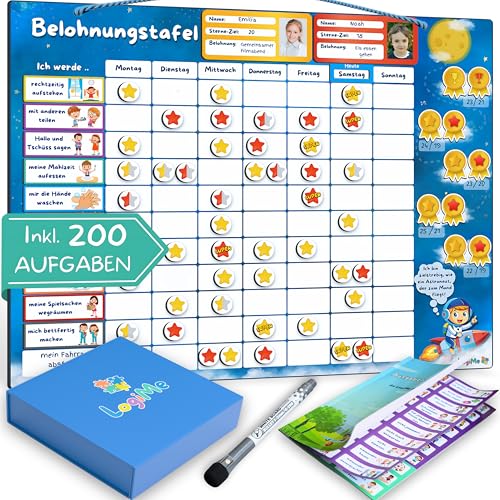 𝐋𝐨𝐠𝐢𝐌𝐞® Belohnungstafel für Kinder [200 AUFGABEN] - XL Aufgabenplaner magnetisch - Montessori Belohnungssystem - Wochenplaner ab 3 4 5 6 7 8 Jahre - Sternchenplan ADHS Magnettafel (Astronaut)