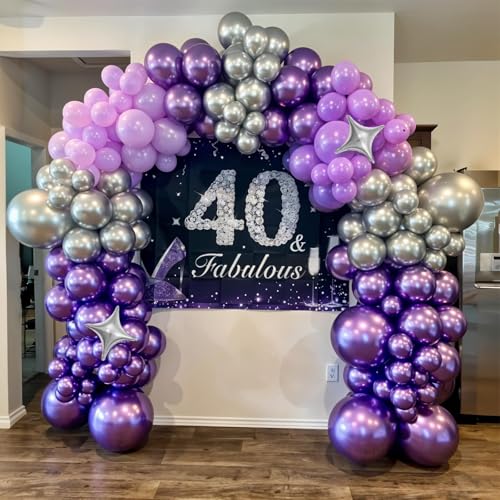 Image of Purple Silver Balloon Arch Kit, Lavender Lilac Balloon Garland for Birthday | Metallic Purple Silver Balloons with Four Star Foil Balloons for Girls Women Wedding Birthday Baby Shower Party Decorations