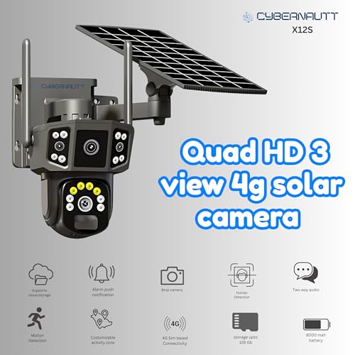 Image of XUGA - Cybernautt X12S 8MP 3 View PTZ Solar 4G Sim Wireless Outdoor CCTV Camera with Three Side View | 360 | Motion Detection| Siren Alarm| Outdoor | 2 Way Audio | 128GB | Use Air-tel 4G Sim