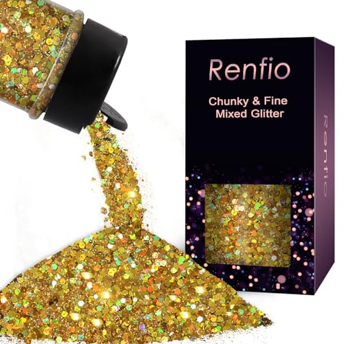 Renfio Holographic Glitter, 2.11oz/60g Chunky Glitter Mix Ultra Fine Powder for Crafts Gold Sequins Christmas Resin PET Flakes for Nail Art Tumblers Slime - Laser Gold