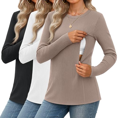 Image of Velvelhall 3 Pack Women's Nursing Shirts Ribbed Long Sleeve Breastfeeding Tops with Hidden Zipper Maternity Clothes