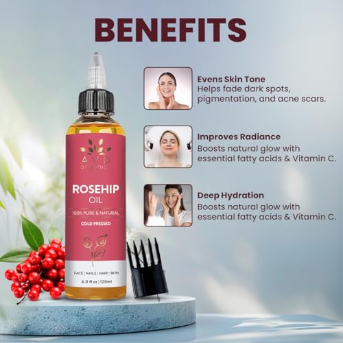 Image of AVD ORGANICS Rosehip Oil for Face 120ml - 100% Pure, Cold-Pressed Huile de Rose Musquee | Rose hip Oil for Face, Skin, Hair, Scalp & Nails | Moisturizing for Daily Use (4.05 fl oz)