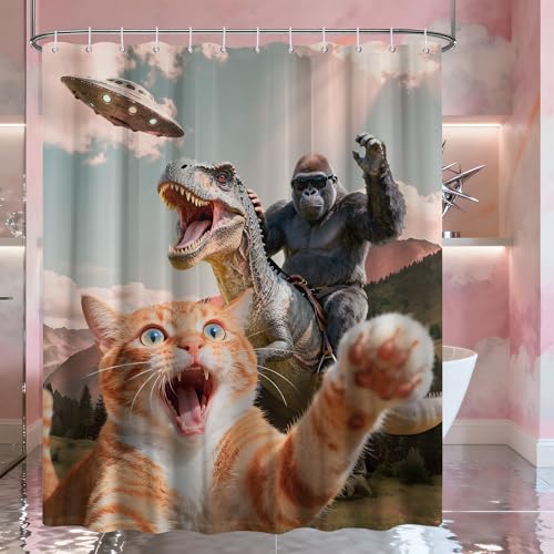Image of Extra Tall Shower Curtain XL Cool Cat Dinosaur, 70 x 84 Inchs | for Extra Long 84 Inchs Shower, Fun Monkey Novelty Design, Large Bathroom Decor Sets Waterproof Cloth Fabric, with Hooks